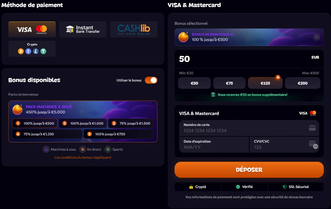 Aphrodite Casino Einzahlung mit Visa, Mastercard, Instant Banking, Cashlib und Kryptowährungen